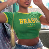 Women's green Brazil flag graphic O-neck short-sleeved crop top.